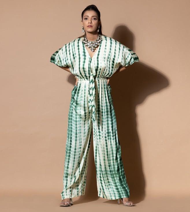 zeefaa green & white de-fusion paradise wrap jumpsuit