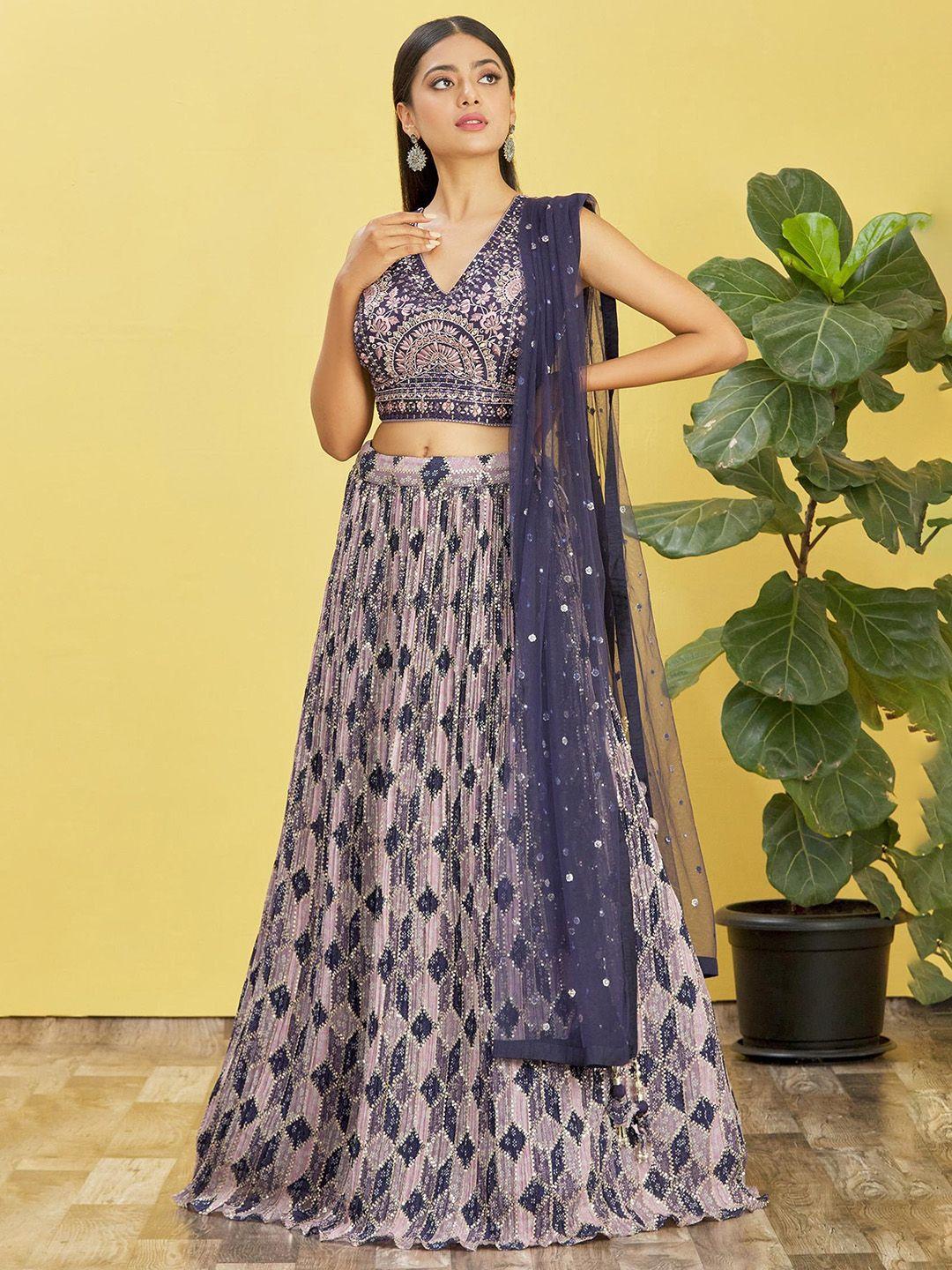 zeel clothing mirror work semi-stitched lehenga & unstitched blouse with dupatta