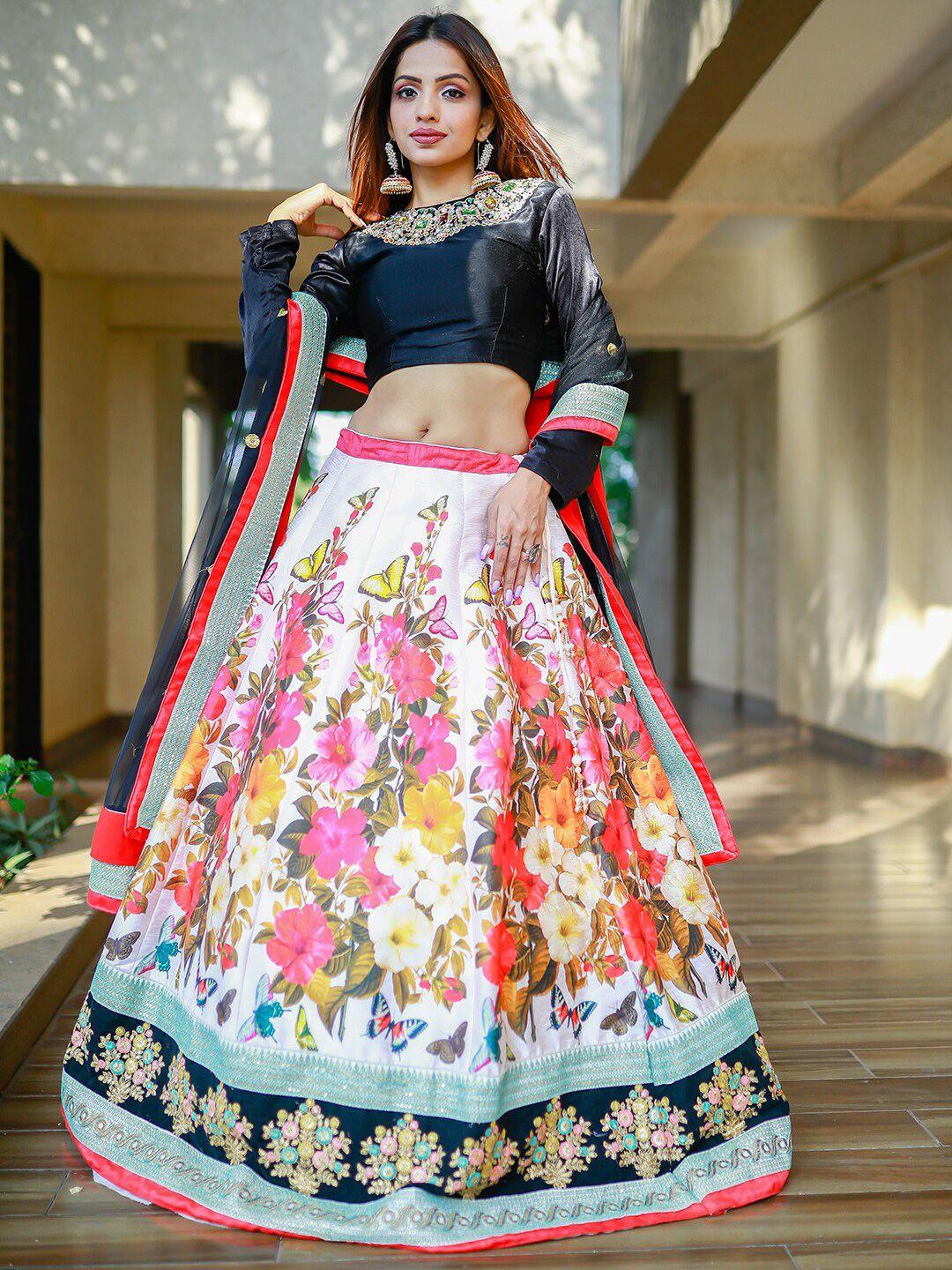zeel clothing printed semi-stitched lehenga & unstitched blouse with dupatta