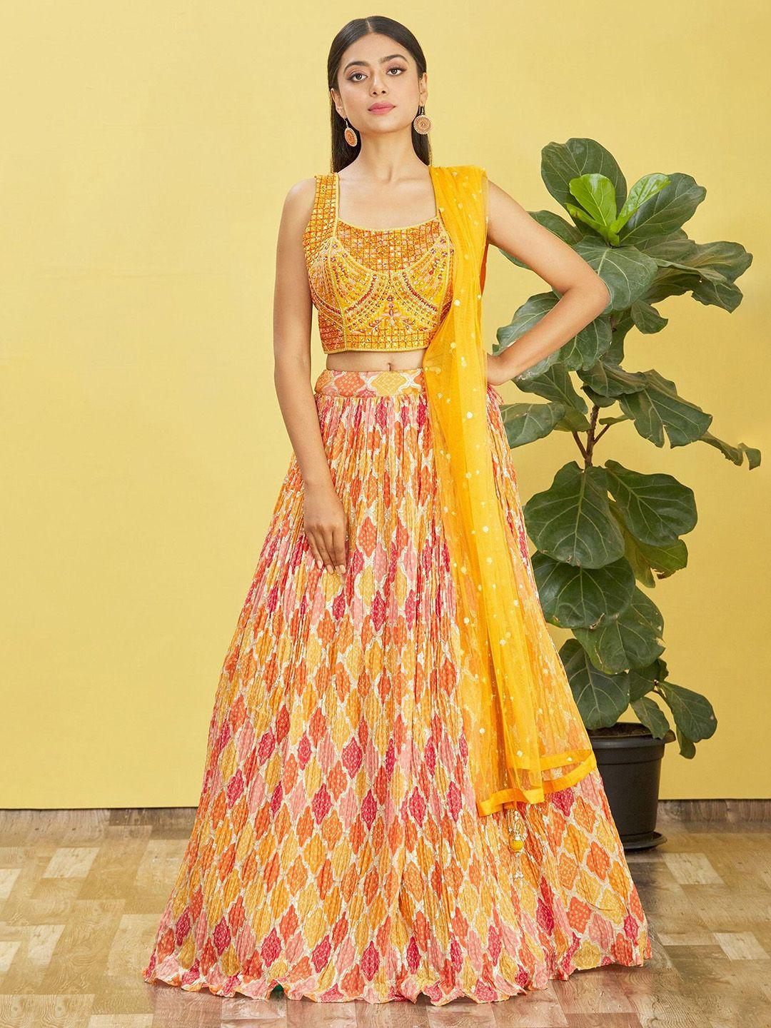 zeel clothing mirror work semi-stitched lehenga & unstitched blouse with dupatta