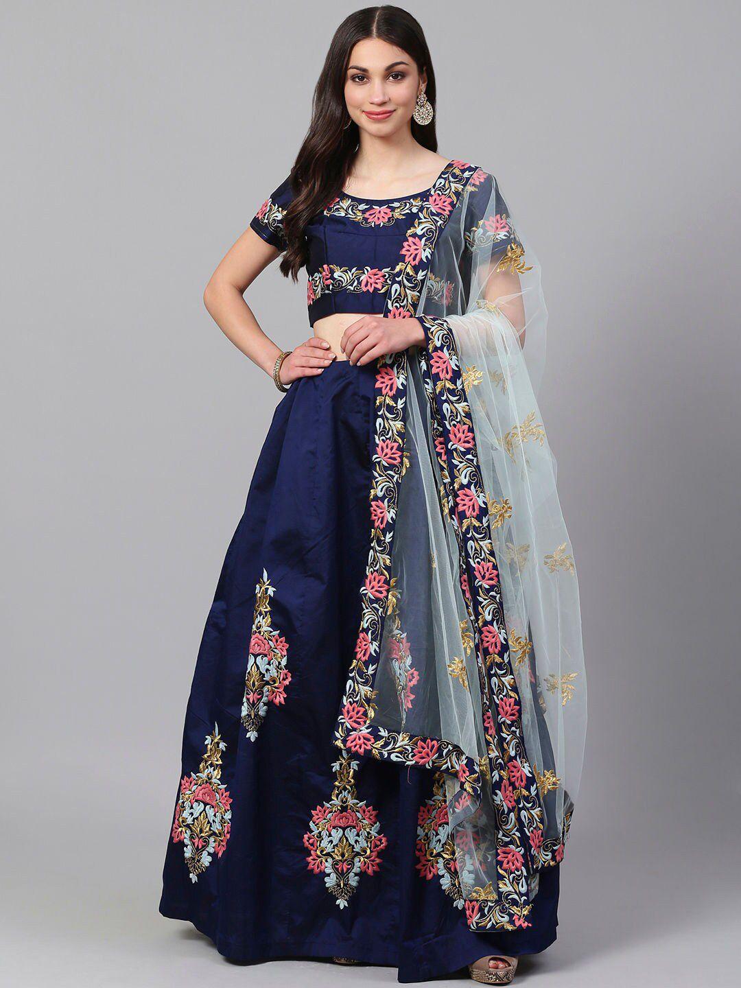 zeel clothing navy blue & pink embroidered semi-stitched lehenga & unstitched blouse with dupatta