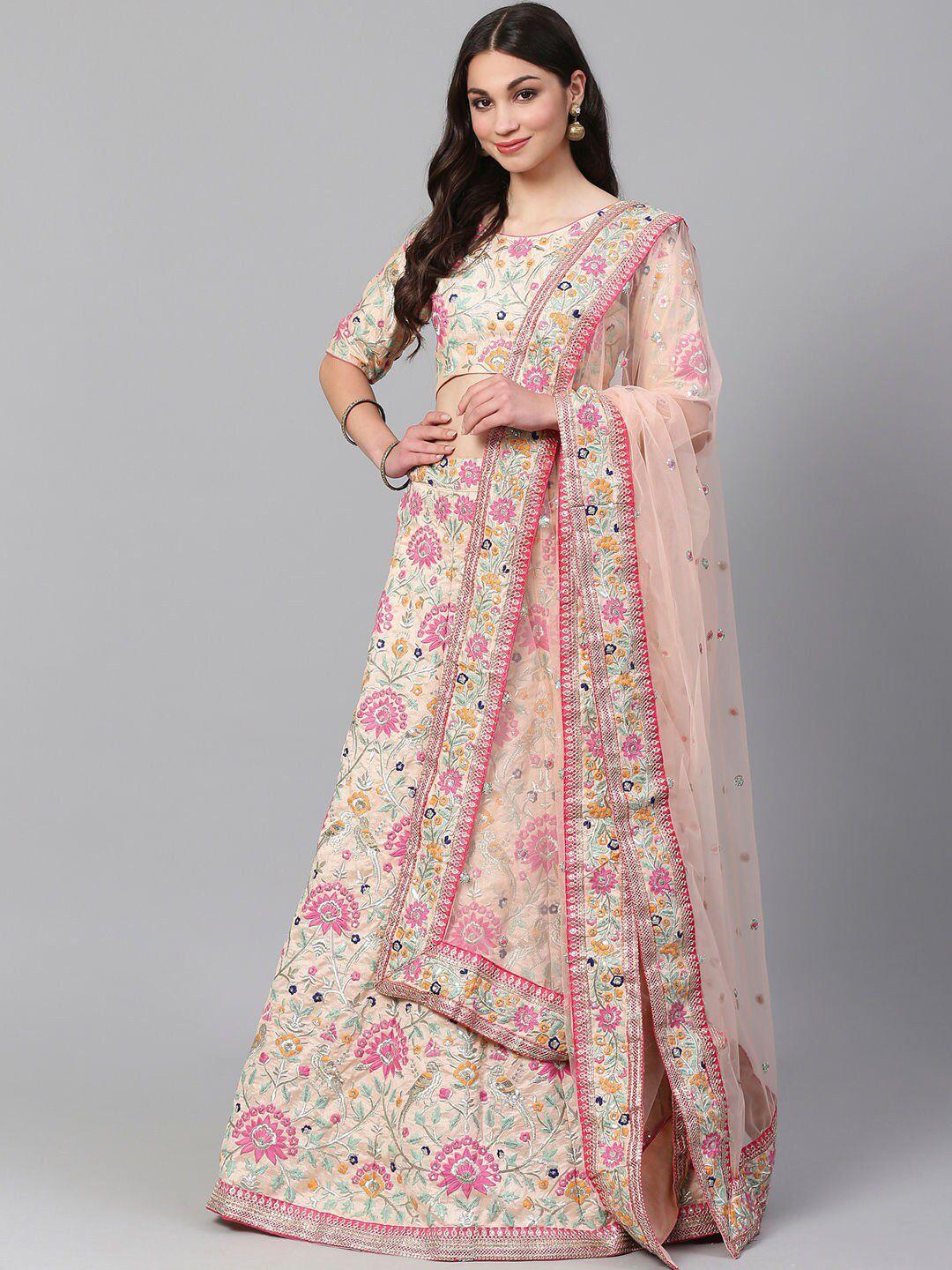 zeel clothing peach-coloured & cream-coloured embroidered sequinned semi-stitched lehenga & unstitched