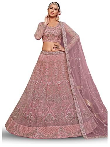 zeel clothing pink zari and embroirery work net semi-stitched lehenga choli (7909-pink-wedding-lehenga-choli; pink)