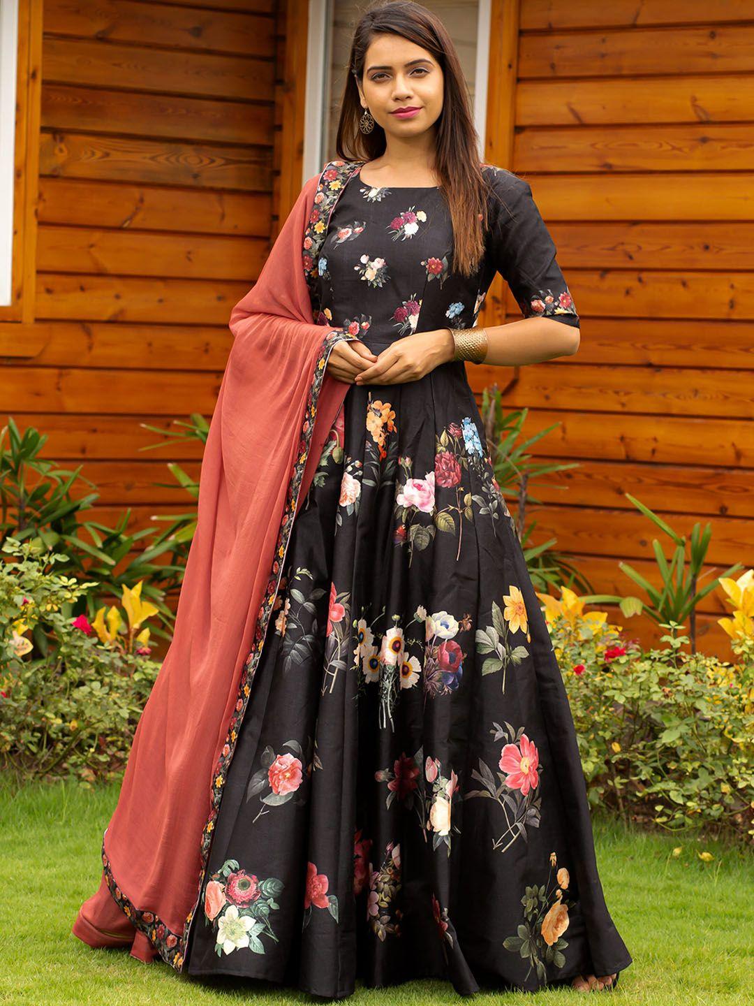 zeel clothing printed maxi ethnic dress with dupatta