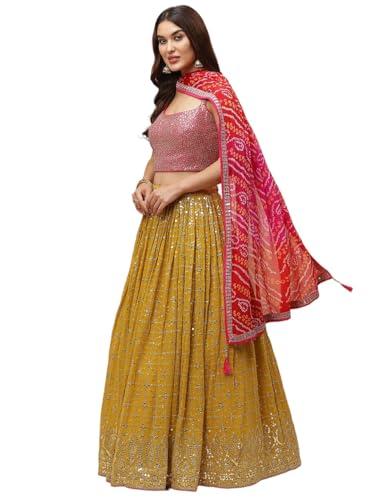 zeel clothing sequins zari embroidered georgette new lehenga choli with dupatta (5076-yellow-wedding-stylish-latest; free size)