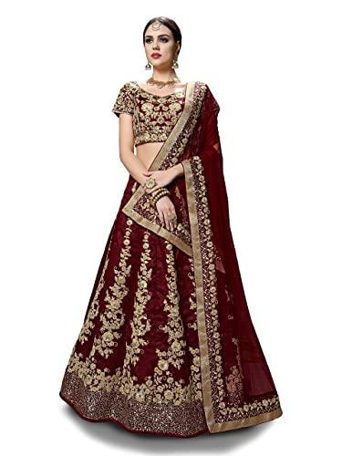 zeel clothing women's art silk fine embroidered semi stitched lehenga choli with dupatta (7008-maroon-new-wedding-bridal; free size)