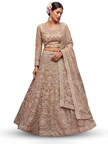 zeel clothing women's net semi-stitched lehenga choli beige free size