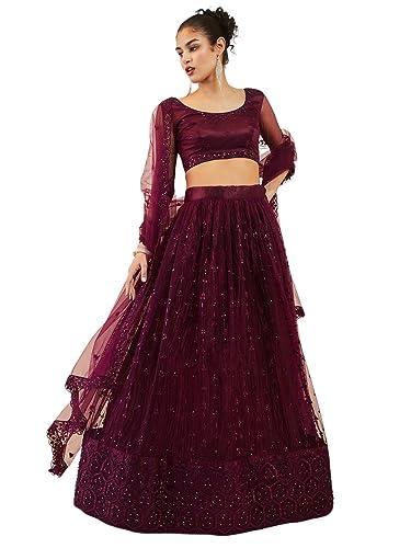 zeel clothing women's net semi-stitched lehenga choli purple wedding bridal free size