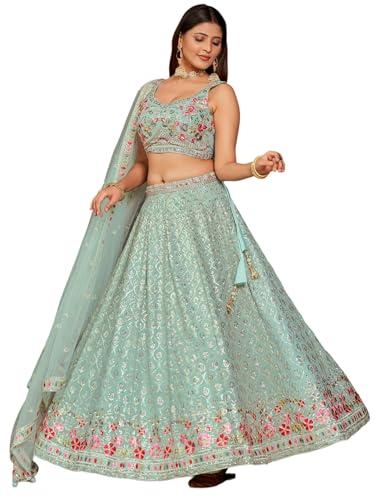 zeel clothing women's resham sequins mirror work georgette lehenga choli with dupatta (5084-pista-wedding-stylish-new; free size)