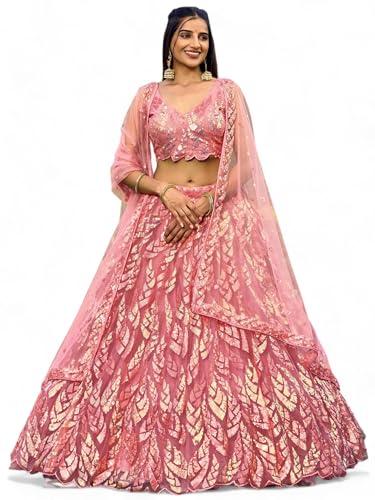 zeel clothing women's sequins embroidered net semi-stitched lehenga choli with dupatta (5101-pink-womens-lehenga-choli-latest; free size)