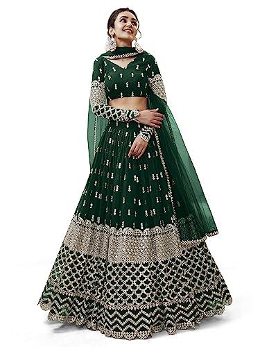 zeel clothing women's sequins zari embroidered georgette semi stitched lehenga choli with dupatta (308-green-wedding-bridal-latest-new; free size) (green)