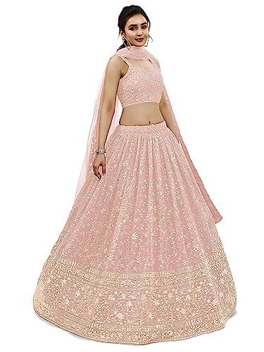 zeel clothing women's sequins zari embroidered georgette semi stitched lehenga choli with dupatta (403-pink-wedding-bridal-latest-new, free size) (pink)