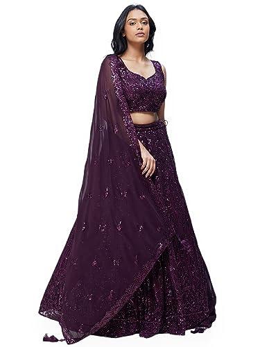 zeel clothing women's threads sequins embroidered georgette lehenga choli with dupatta (5090-purple-wedding-stylish-latest; free size)