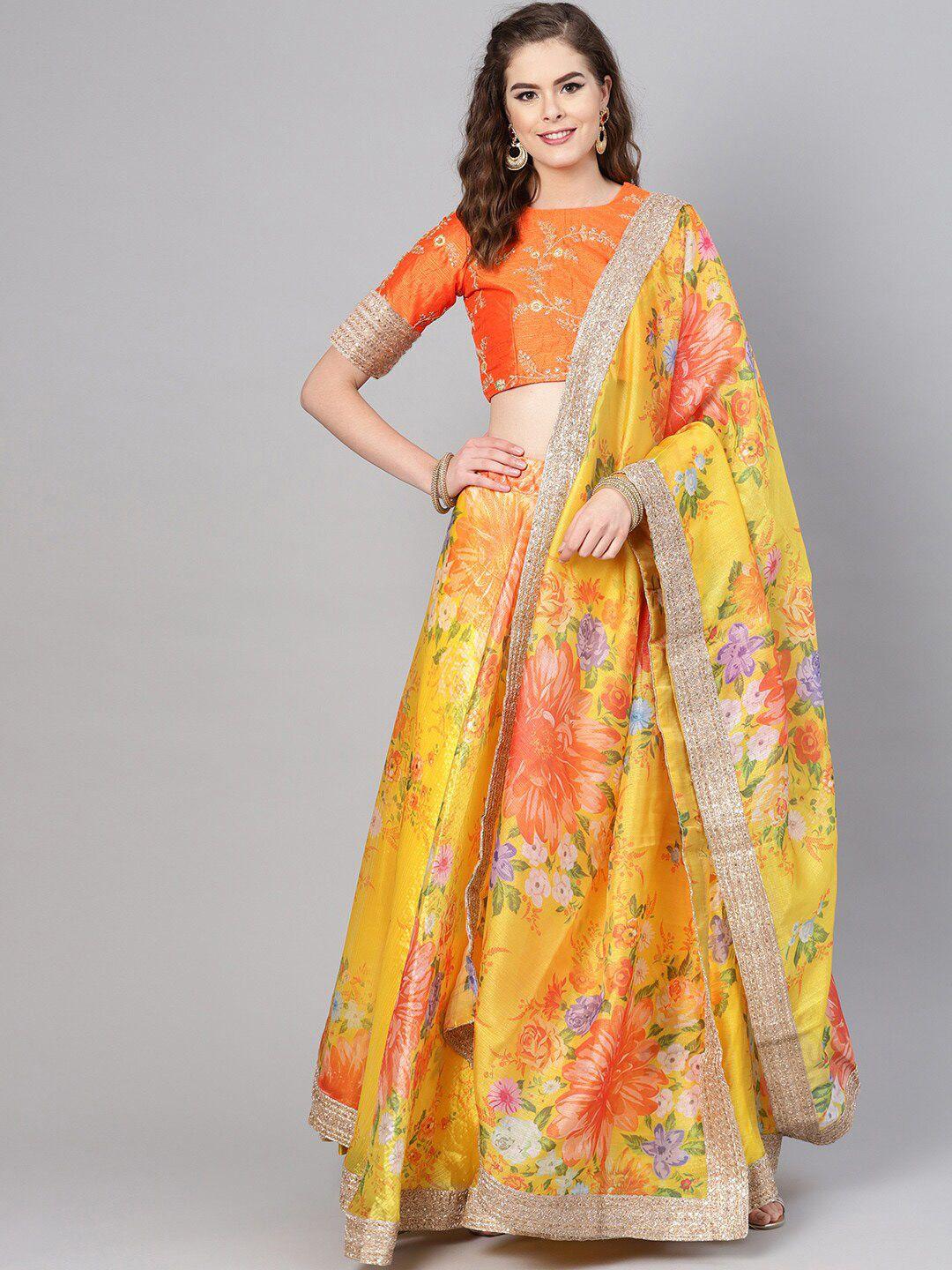 zeel clothing yellow & red embroidered semi-stitched lehenga & unstitched blouse with dupatta