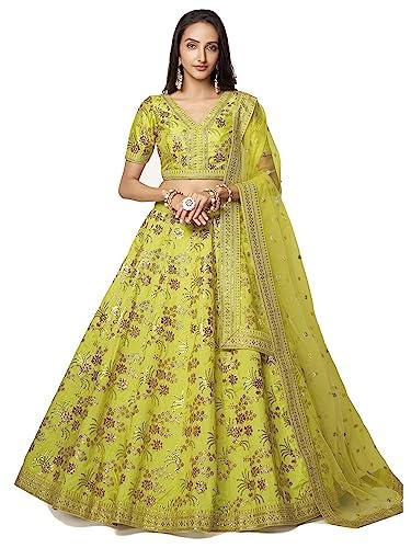 zeel clothing zari and sequins embroirered art silk lehenga choli for women's (7028-wedding-bridal-designer-latest-new; free size) (neon, semi-stitched)