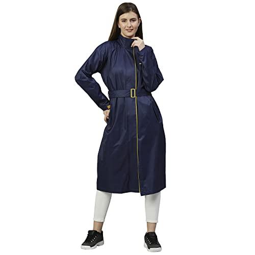 zeel ladies high neck polyester raincoat along with pocket, waterproof long raincoat with belt diva navyblue xl