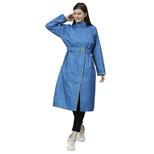 zeel ladies high neck raincoat | waterproof long raincoat with belt| sky blue| l diva
