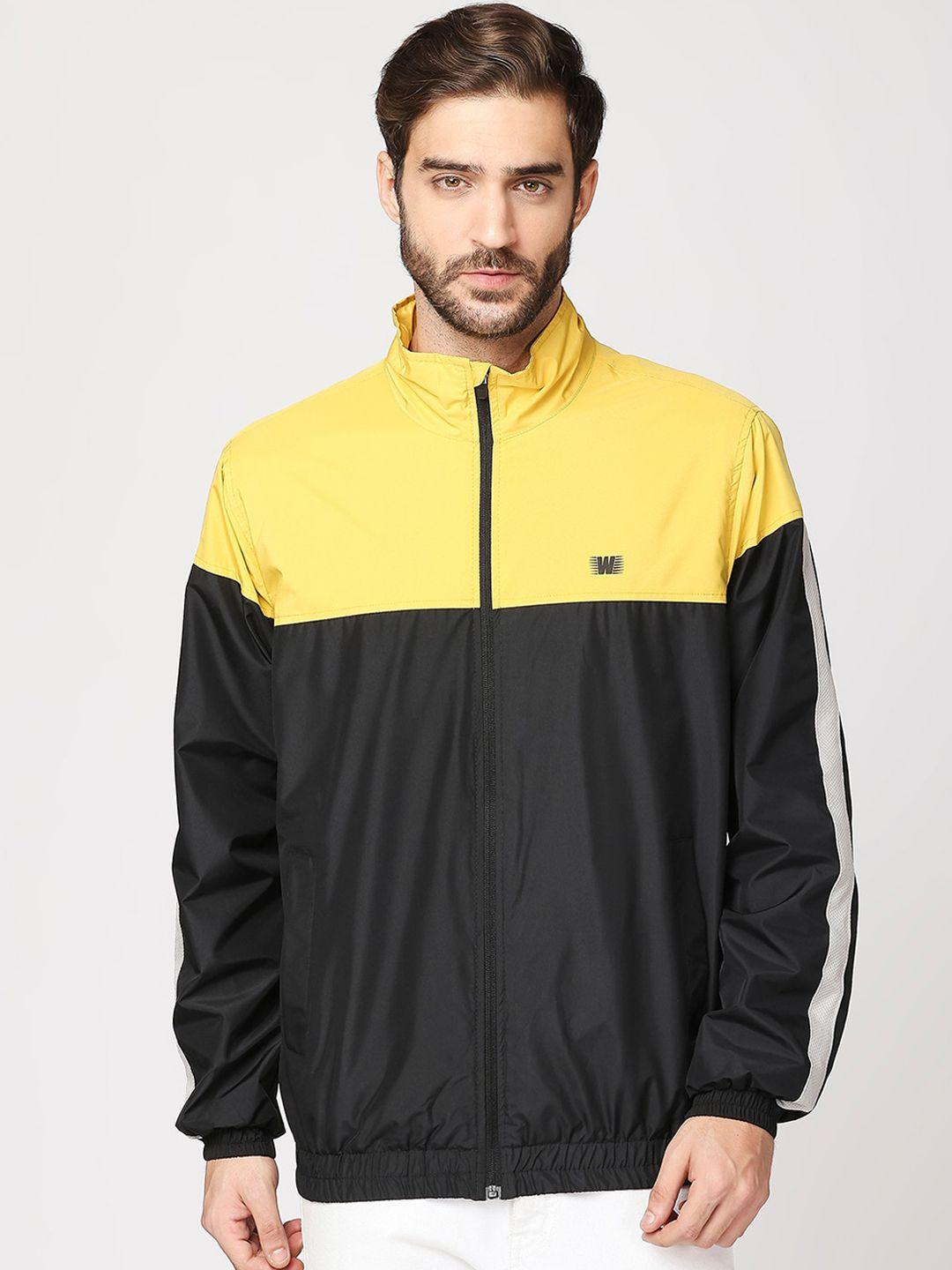 zeel men black yellow colourblocked windcheater crop sporty jacket