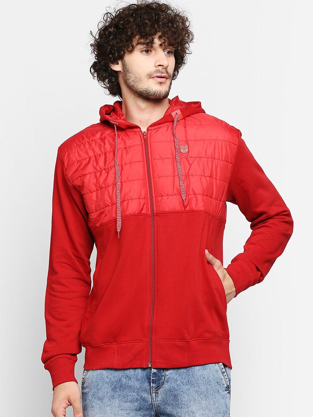 zeel men red colourblocked fleece lightweight crop sporty jacket with patchwork