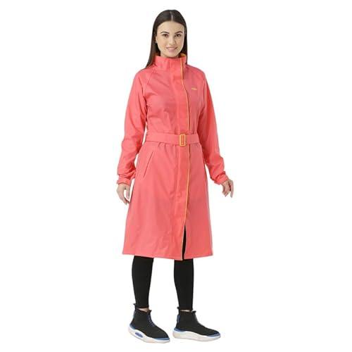 zeel rain coat for women waterproof high neck polyester rainwear with adjustable drawstring and pocket, hooded long rain coat jacket with belt,diva peach yellow l