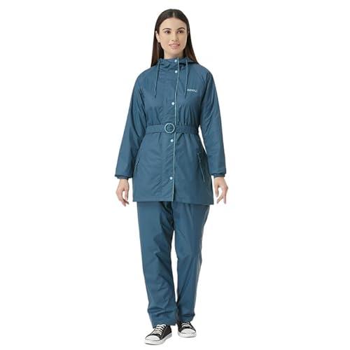 zeel rain coat for women waterproof with adjustable hood, rainwear suit with polyester jacket and pants for ladies with belt, az12 teal l