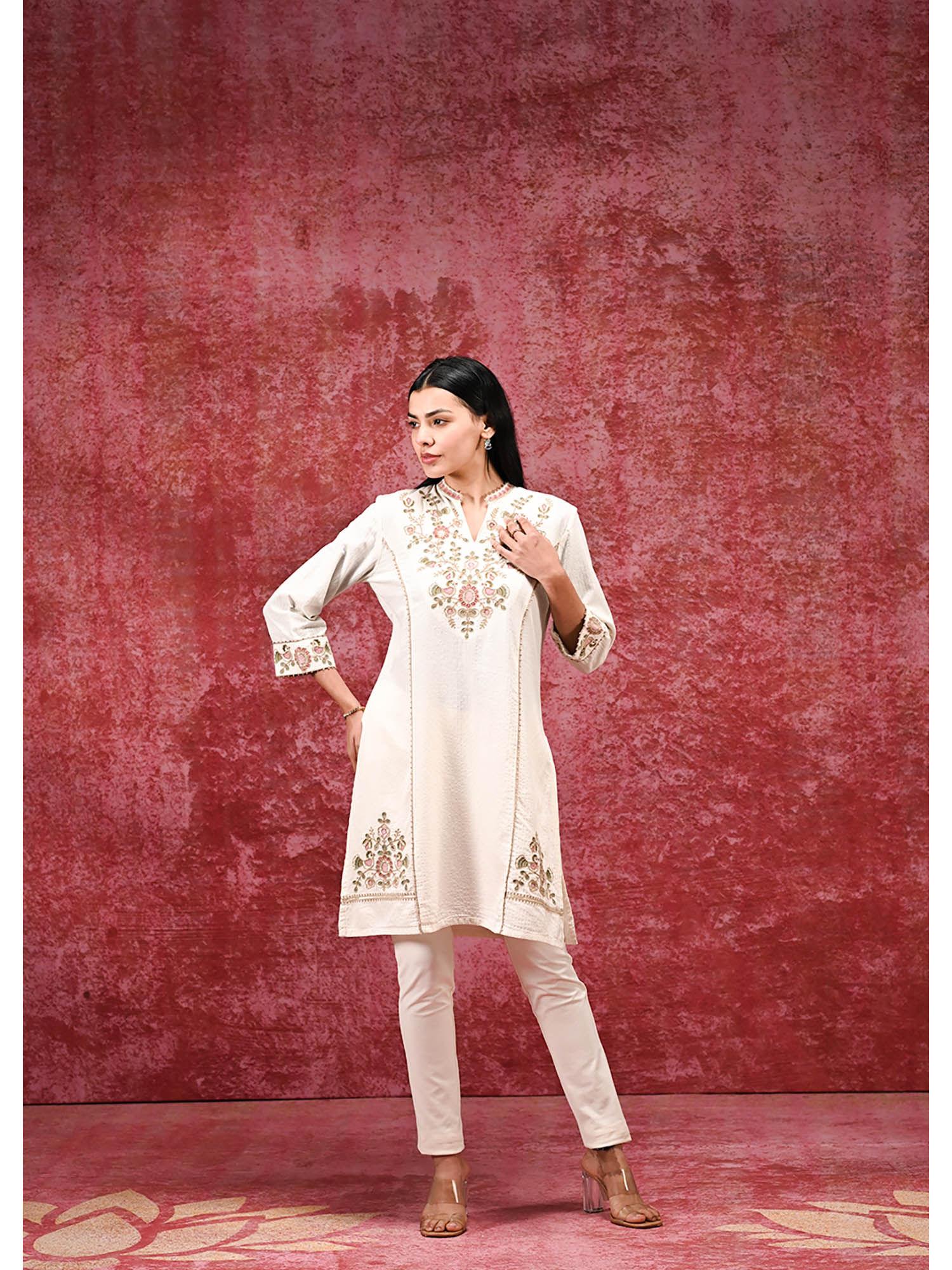 zeenat ivory embroidered cotton designer kurta for women