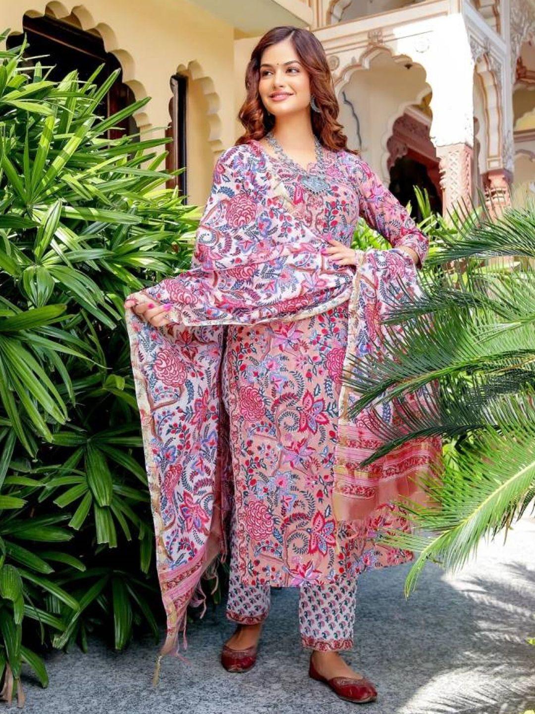 zeepkart floral printed kurta with salwar & dupatta