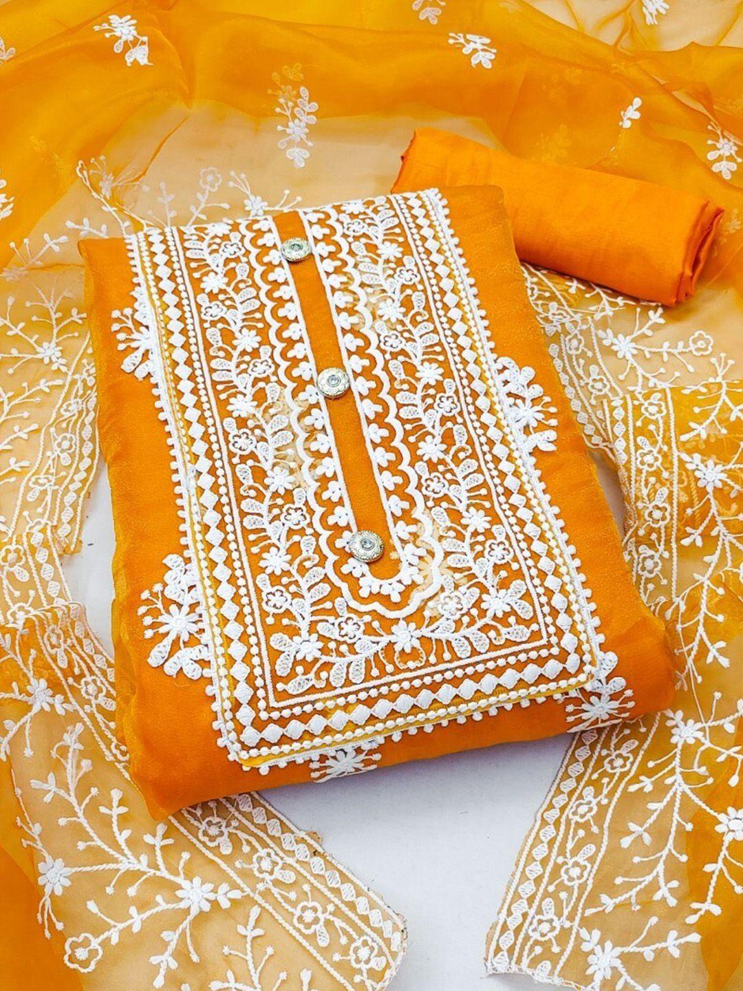 zeepkart gold-toned & white organza unstitched dress material