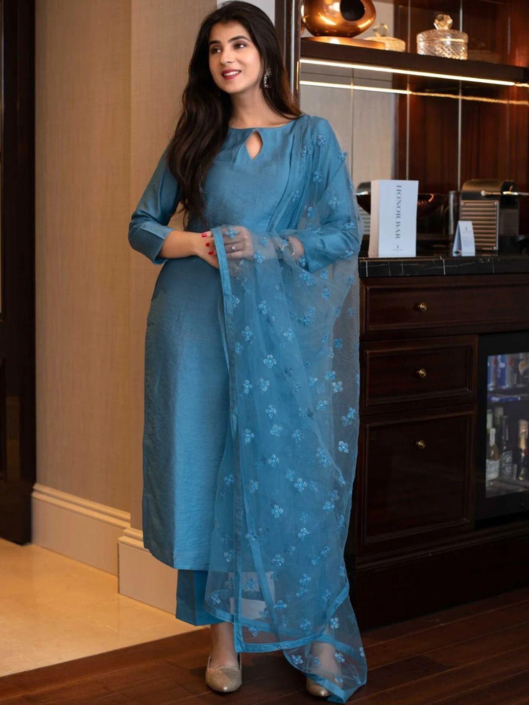 zeepkart women blue regular kurta with salwar & with dupatta