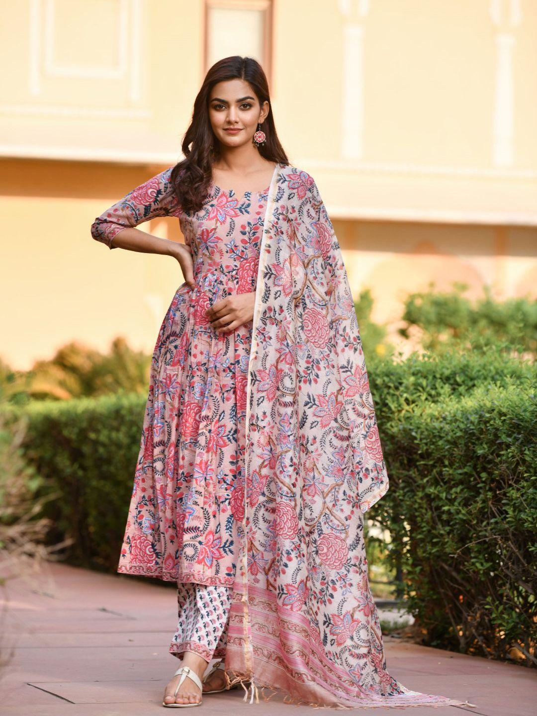 zeepkart women pink floral printed empire kurta with salwar & with dupatta