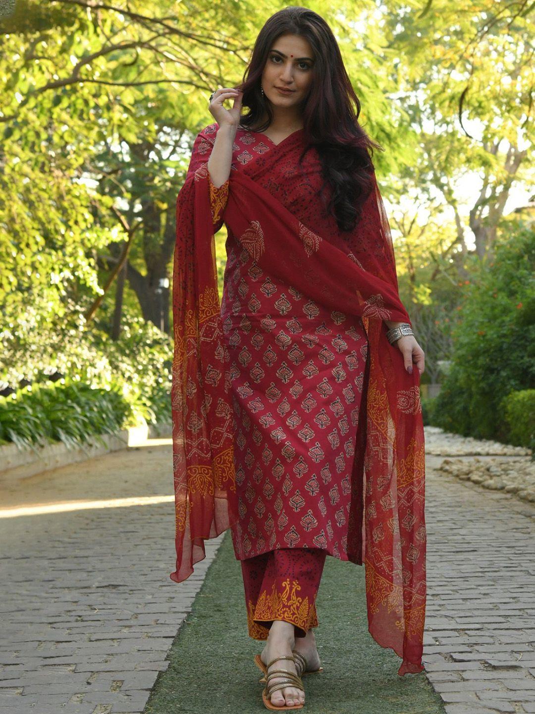 zeepkart women red ethnic motifs printed regular kurta with trousers & with dupatta