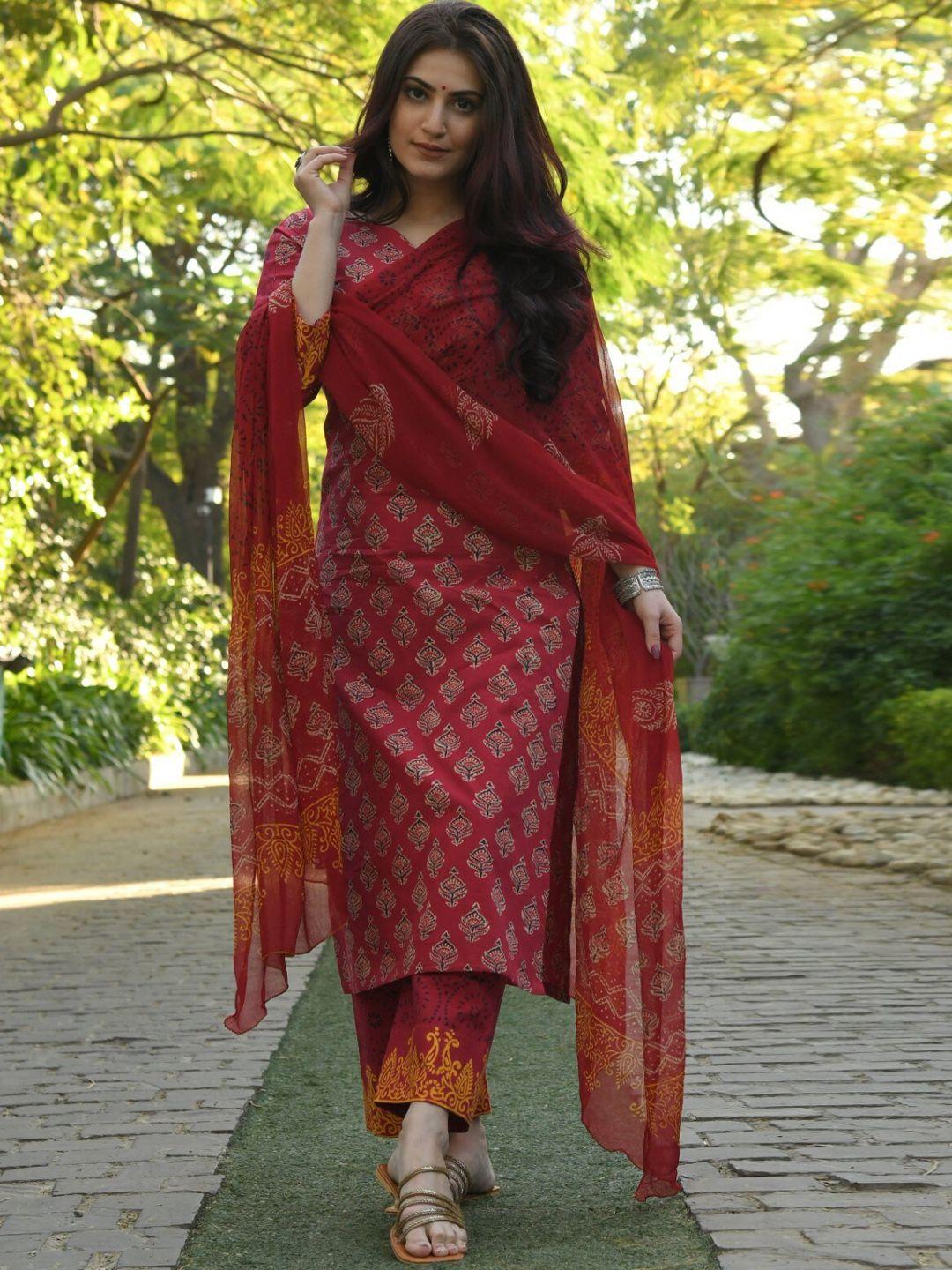 zeepkart women red kurta with salwar & with dupatta