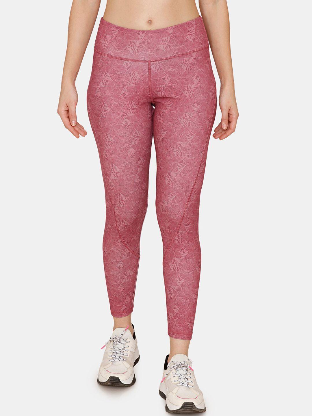 zelocity by zivame women pink printed quick dry sports tights