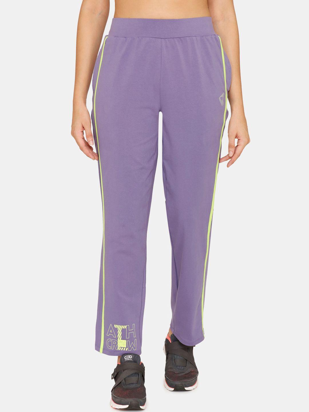 zelocity by zivame women purple solid mid-rise track pants