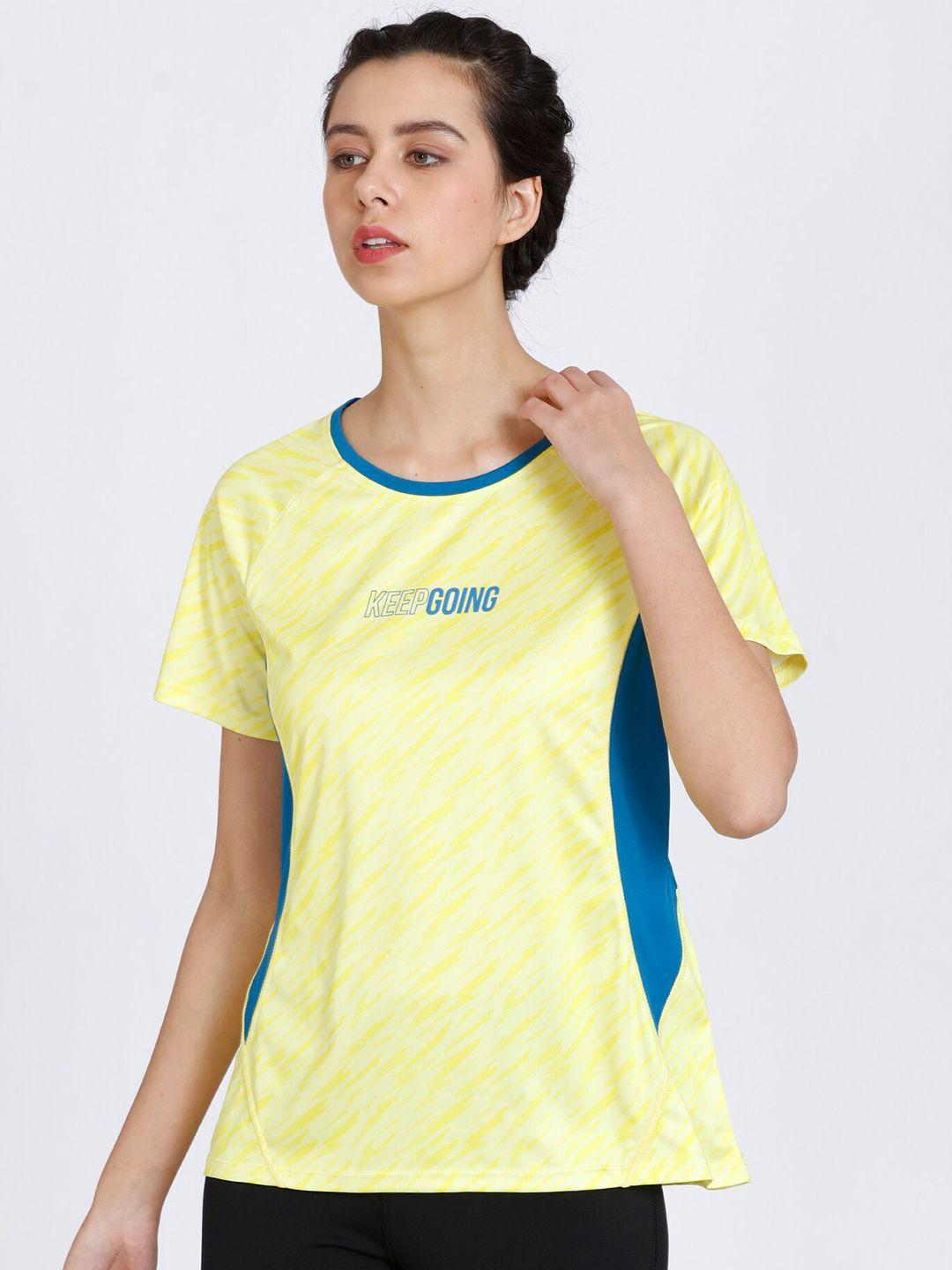 zelocity by zivame women yellow & blue printed training or gym t-shirt