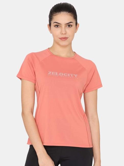 zelocity by zivame peach printed sports t-shirt