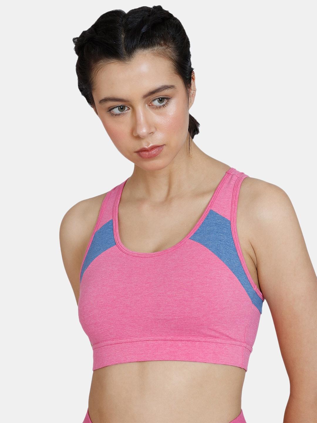 zelocity by zivame pink & blue colourblocked sports bra