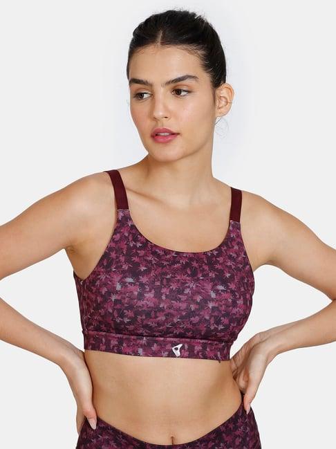 zelocity by zivame purple printed sports bra with removable padding