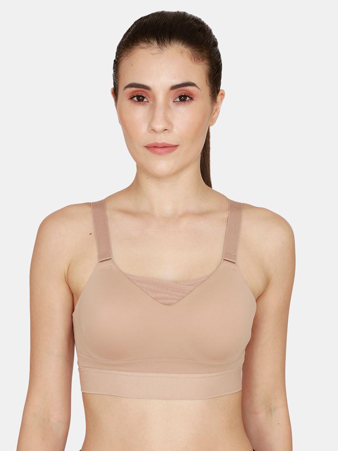 zelocity by zivame women beige solid non-wired sports bra