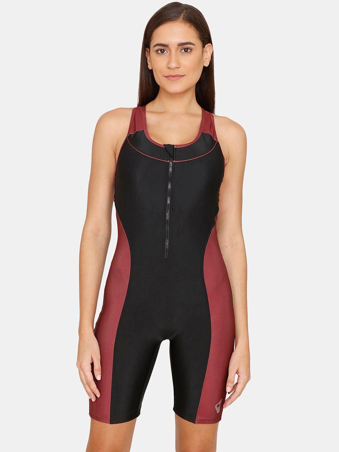 zelocity by zivame women black & brown colourblocked bodysuit