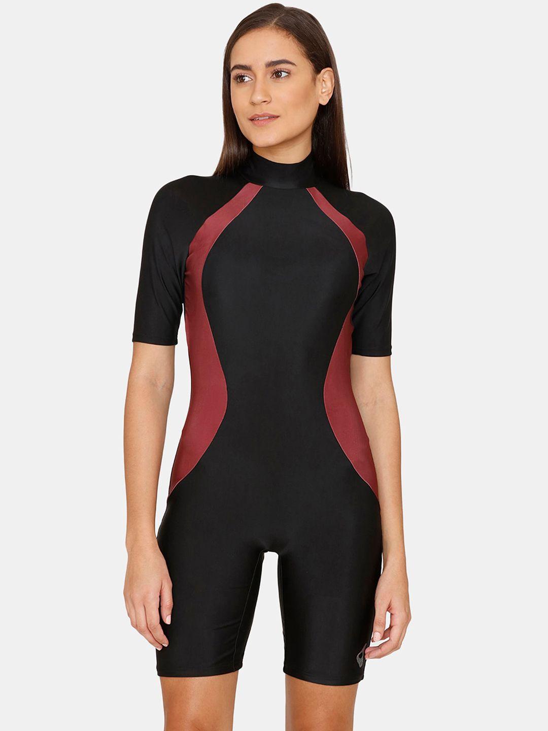 zelocity by zivame women black & maroon colourblocked swimsuit