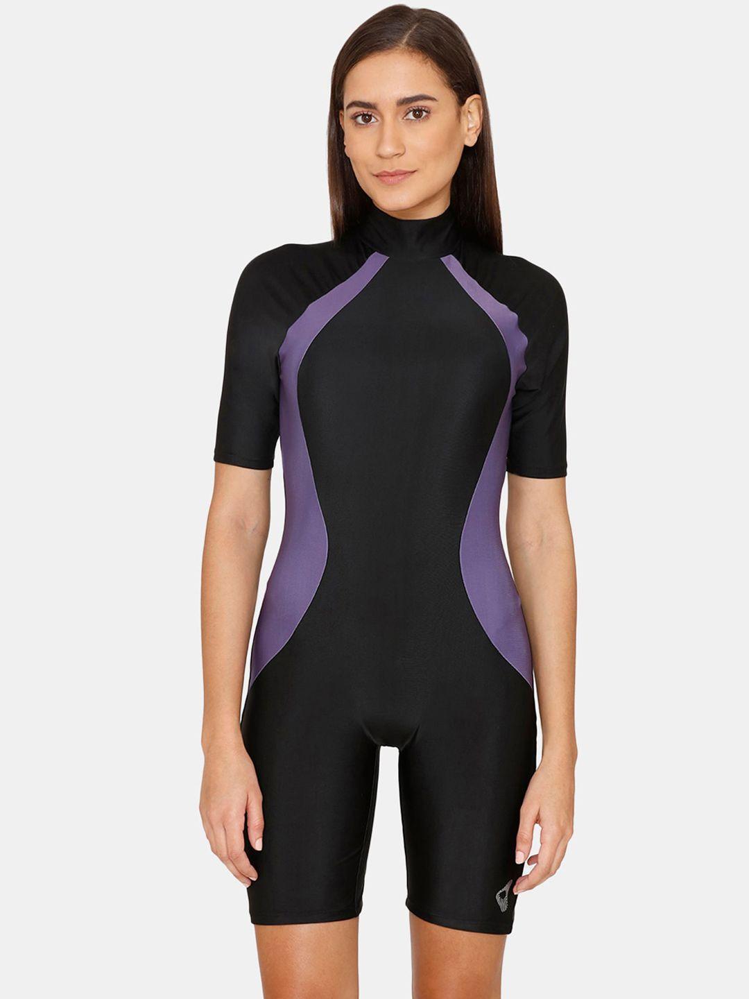 zelocity by zivame women black & purple colour blocked bodysuit