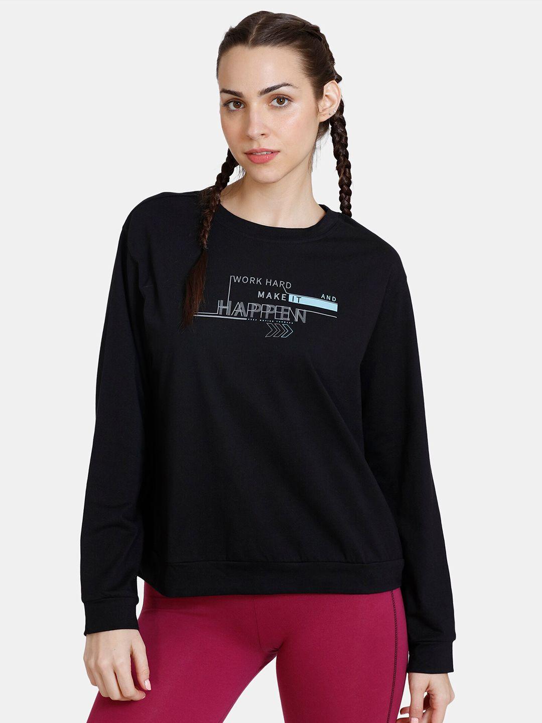 zelocity by zivame women black printed sweatshirt