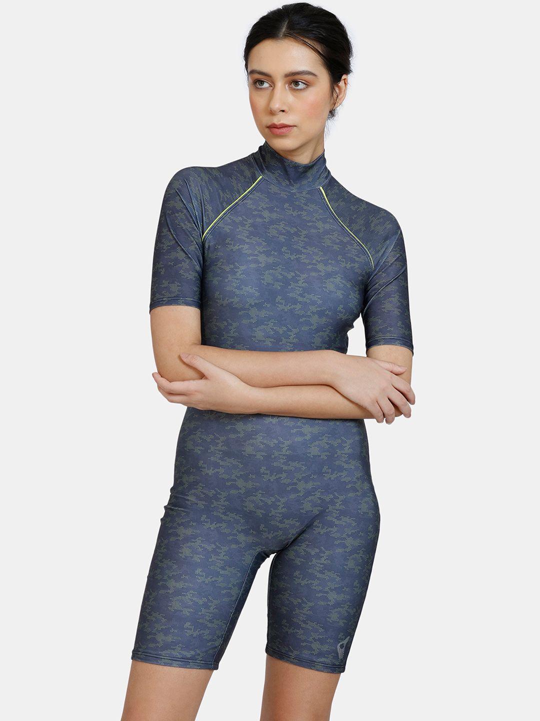 zelocity by zivame women blue & grey printed round neck padded bodysuit