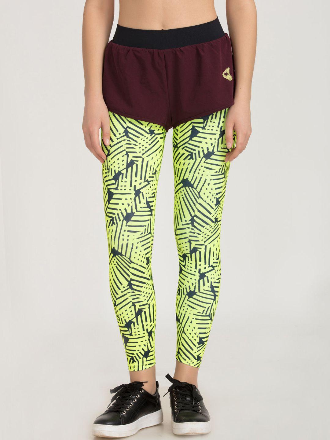 zelocity by zivame women lime green & maroon printed tights with shorts