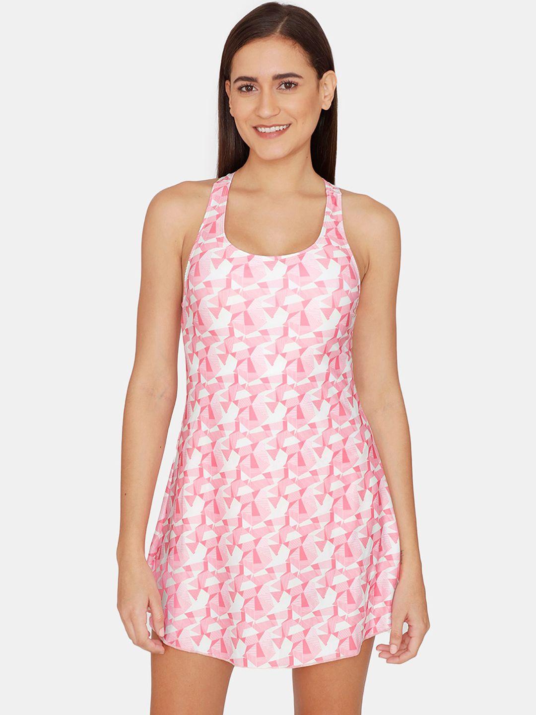 zelocity by zivame women pink & white geometric printed swimming dress