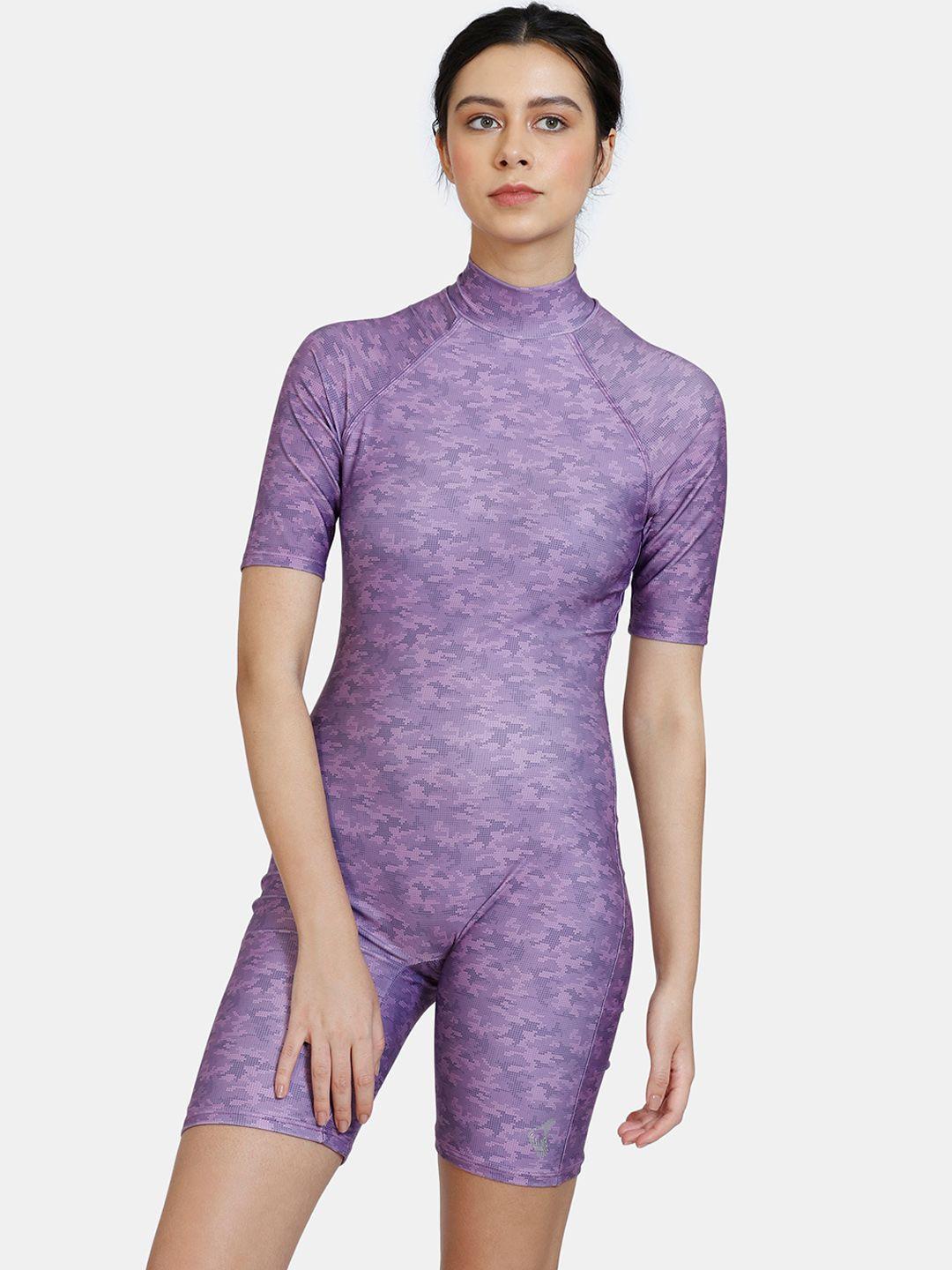 zelocity by zivame women purple & black printed legsuit