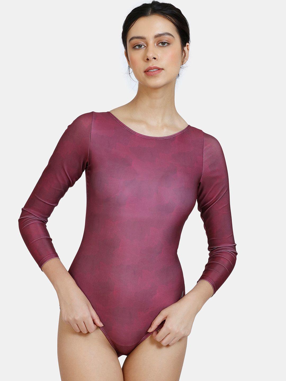 zelocity by zivame women purple printed one-piece bodysuit
