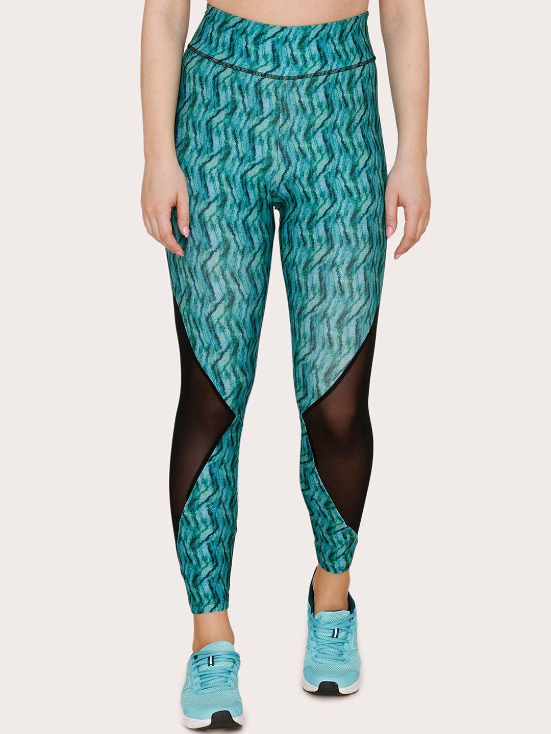 zelocity by zivame women sea-green & black printed tights