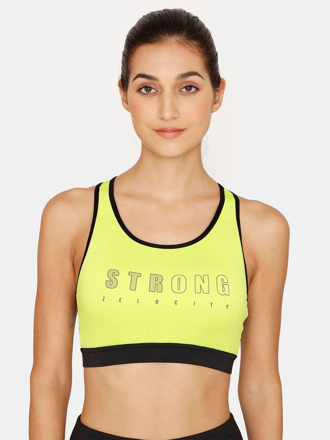 zelocity by zivame yellow & black graphic workout sports bra